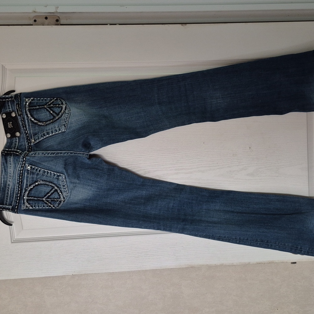 Miss Me Blue Flare Jeans with Peace Embroidery Size 28x33